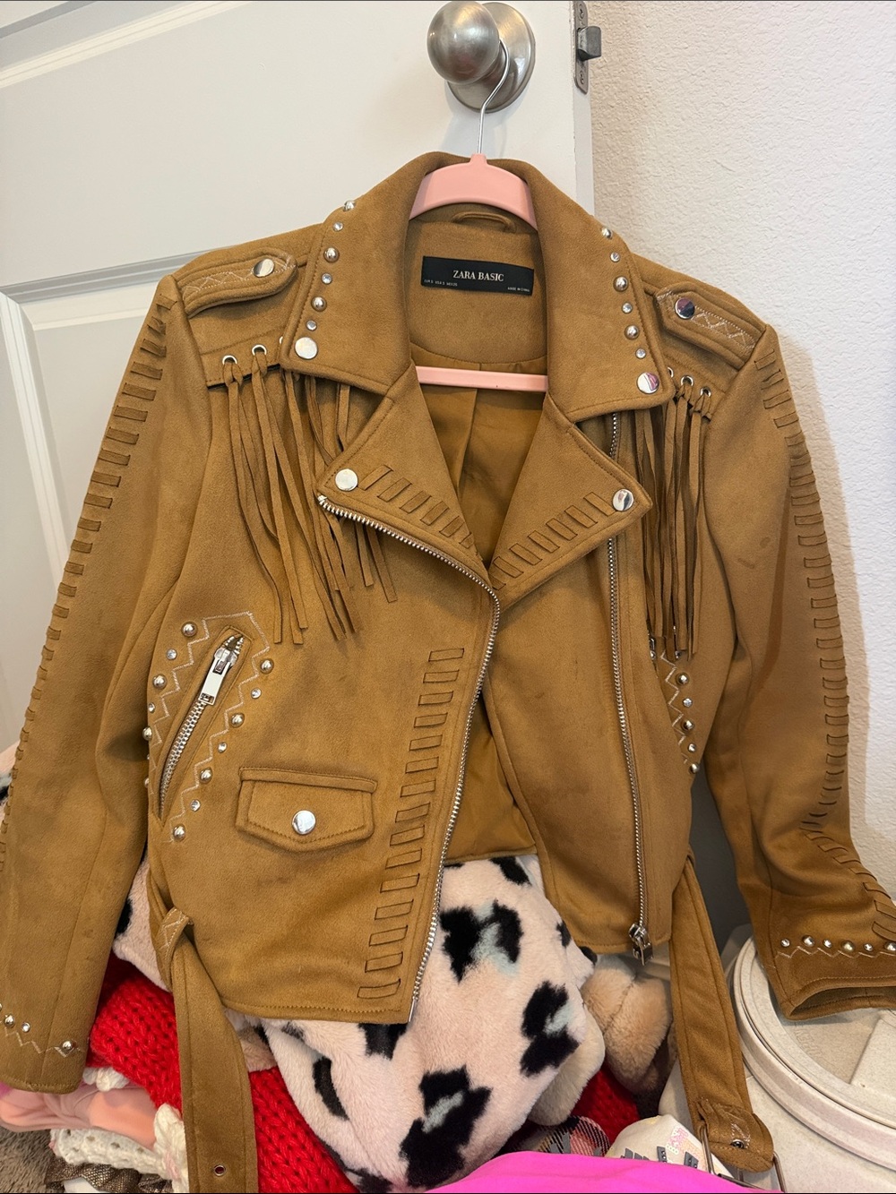 Zara tan suede fringe studded moto jacket